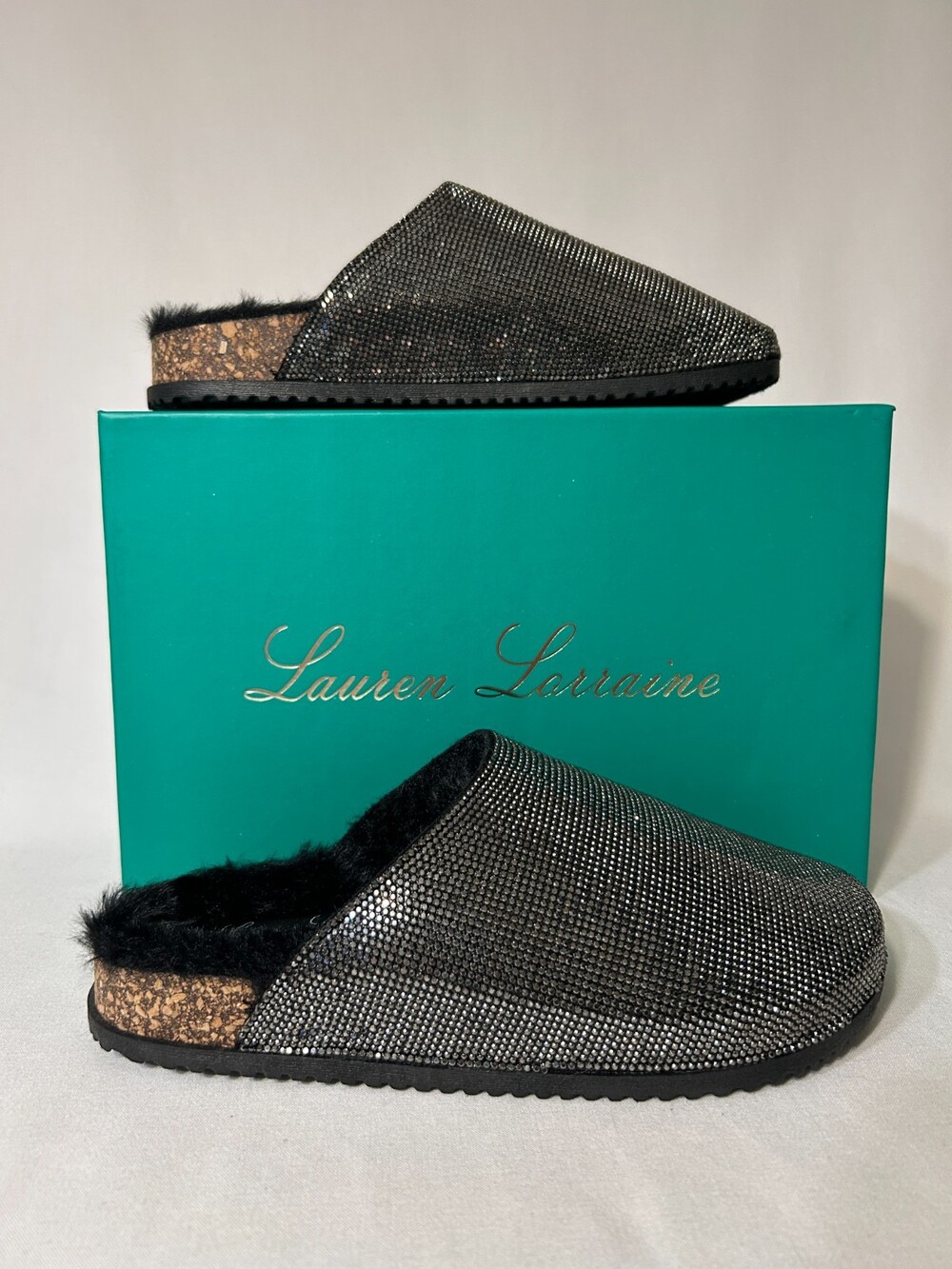 Lauren Lorraine Lizzy Womens 6 Black Pewter Rhinestone Clog Mule Faux Fur Cork